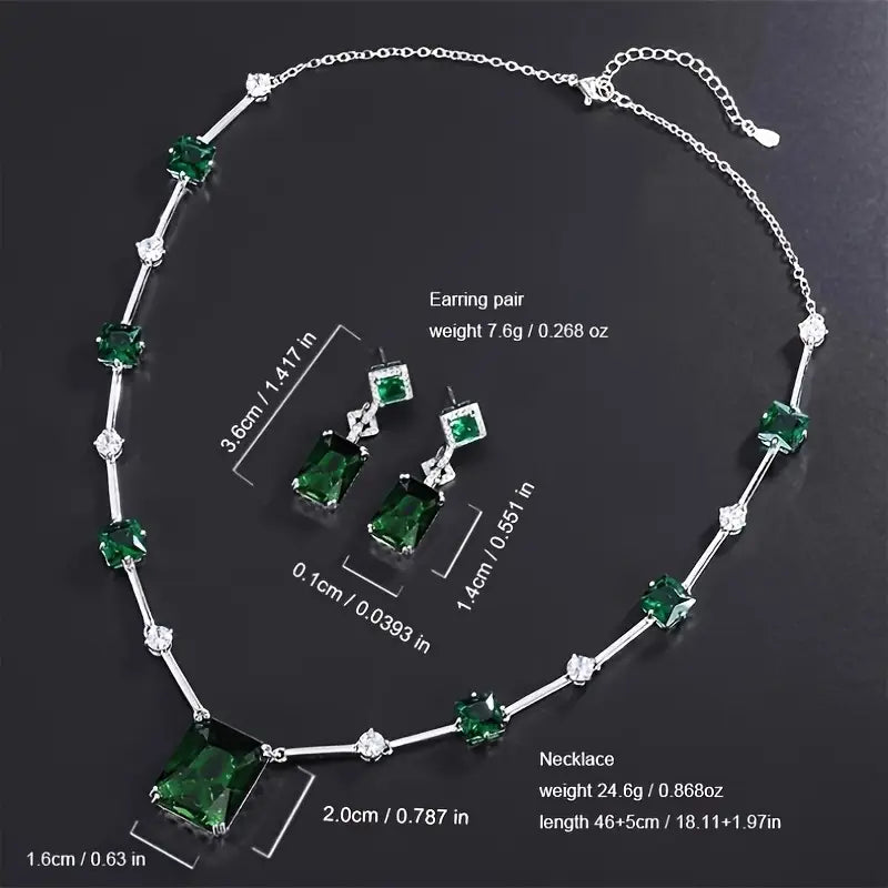 Green Stone Station Necklace and Earrings Set in White Gold Tone