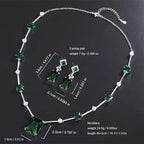 Green Stone Station Necklace and Earrings Set in White Gold Tone