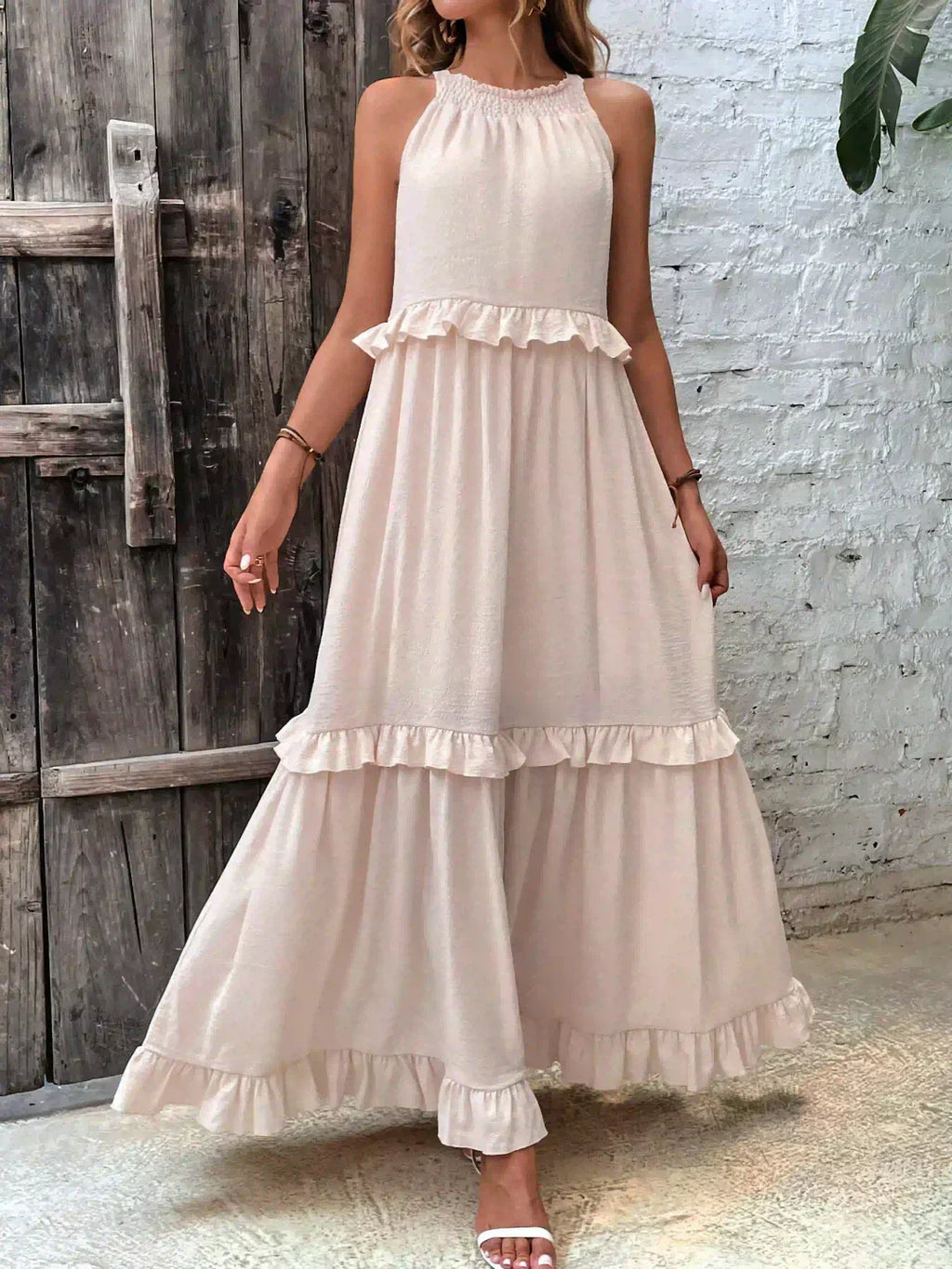 Sleeveless Halter Tiered Ruffle Maxi Dress