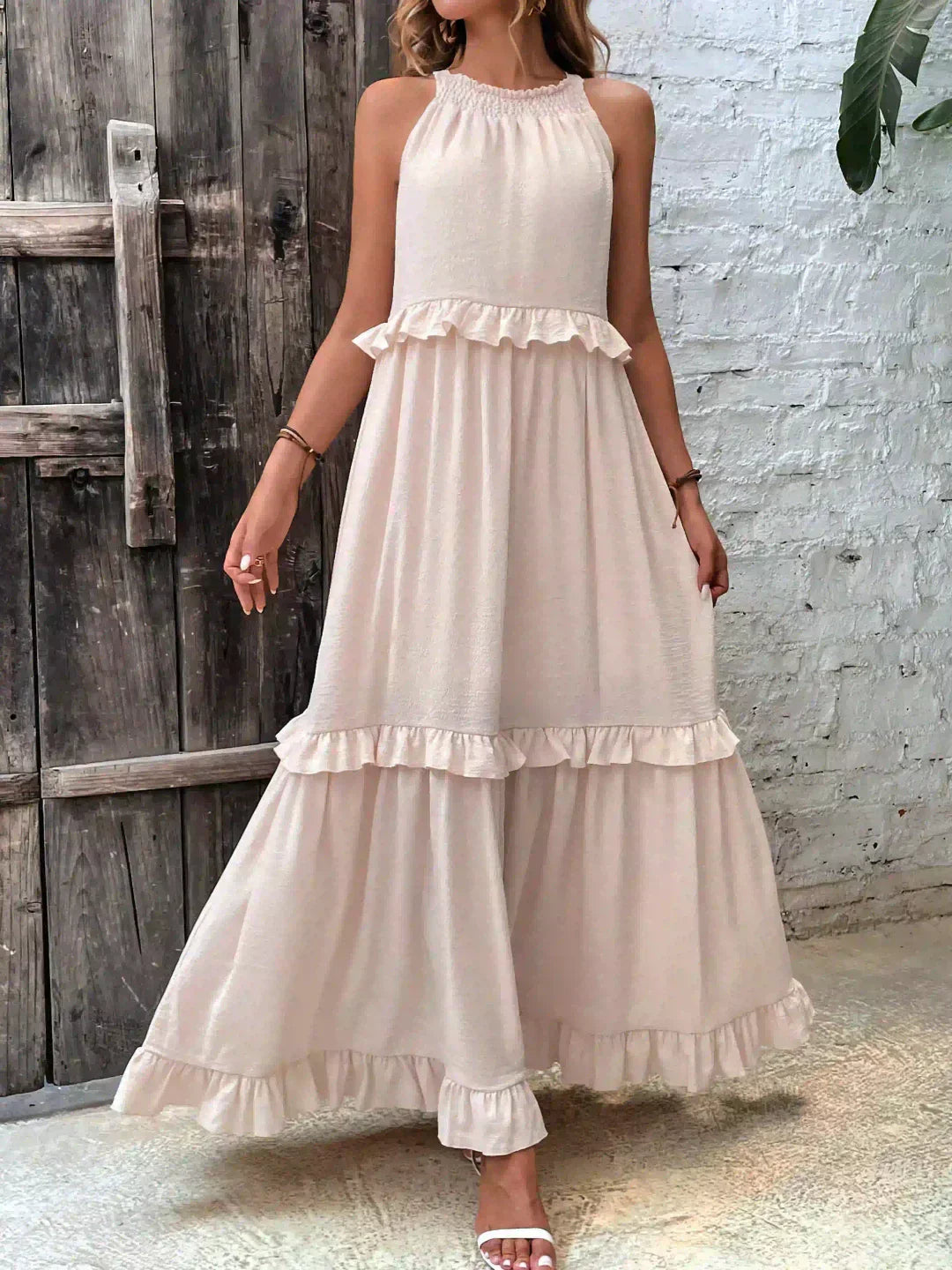 Sleeveless Halter Tiered Ruffle Maxi Dress