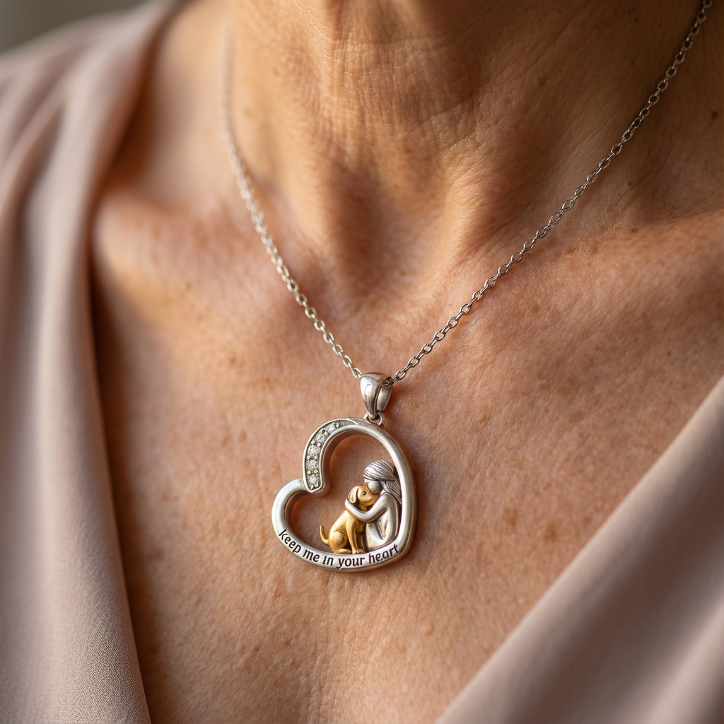 Silver-Tone Heart Necklace with Dog and Zirconia