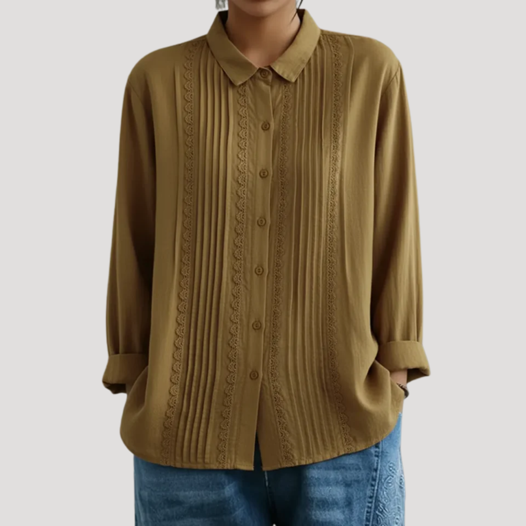 Calista Women's Pleated Button Front Long Sleeve Blouse