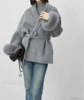 Turn Down Collar Coat with Fur Trimmed Cuffs and Long Sleeves