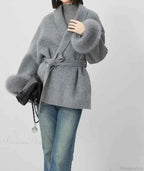 Turn Down Collar Coat with Fur Trimmed Cuffs and Long Sleeves