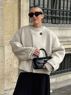 Short Soft Knit Coat with a Round Collar and a Loose Fit
