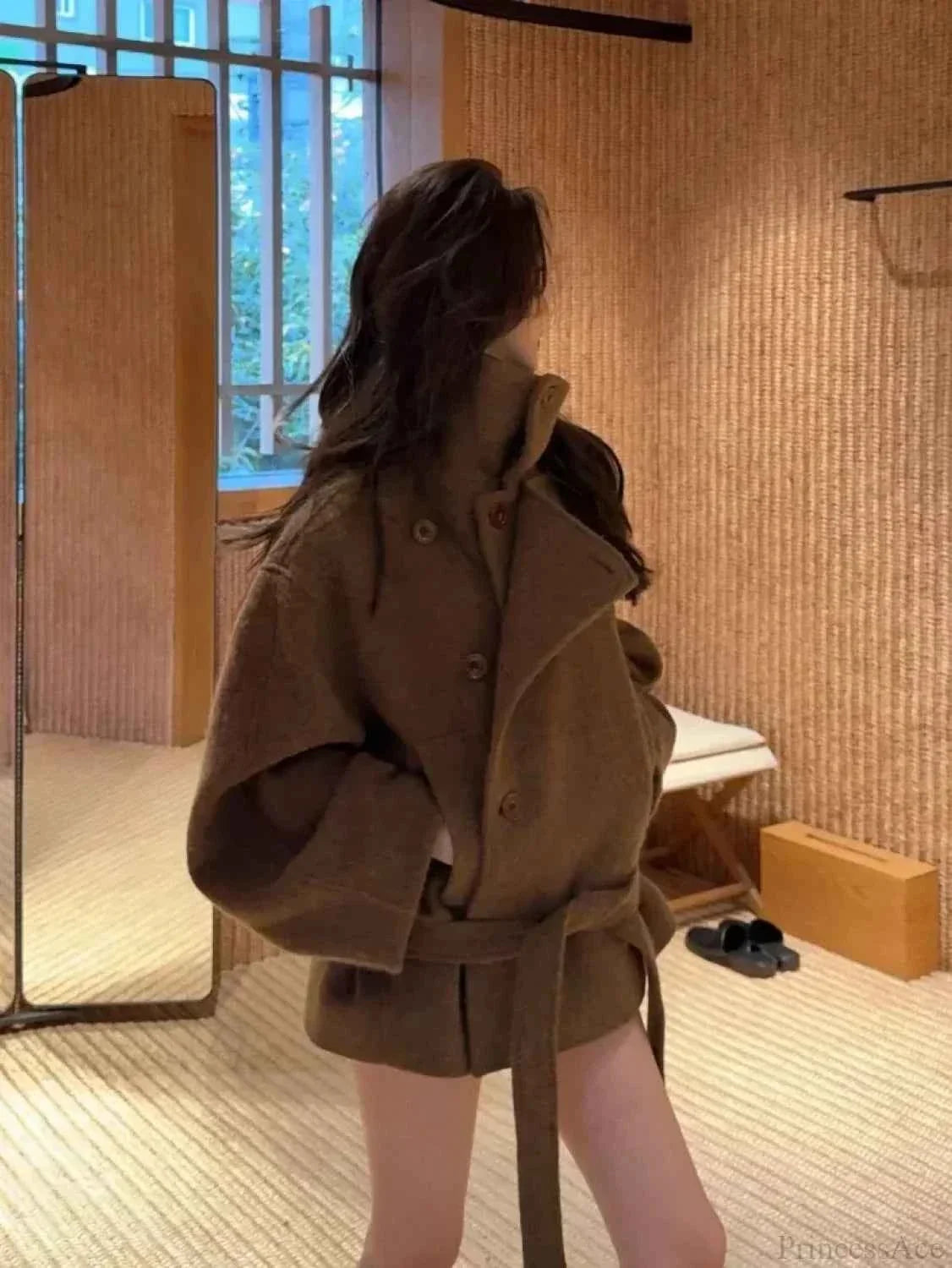 High Collar Coat with Dropped Shoulders and Double Breasted Front