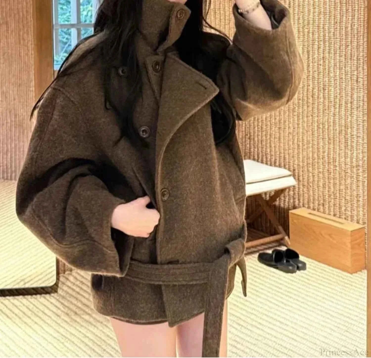 High Collar Coat with Dropped Shoulders and Double Breasted Front
