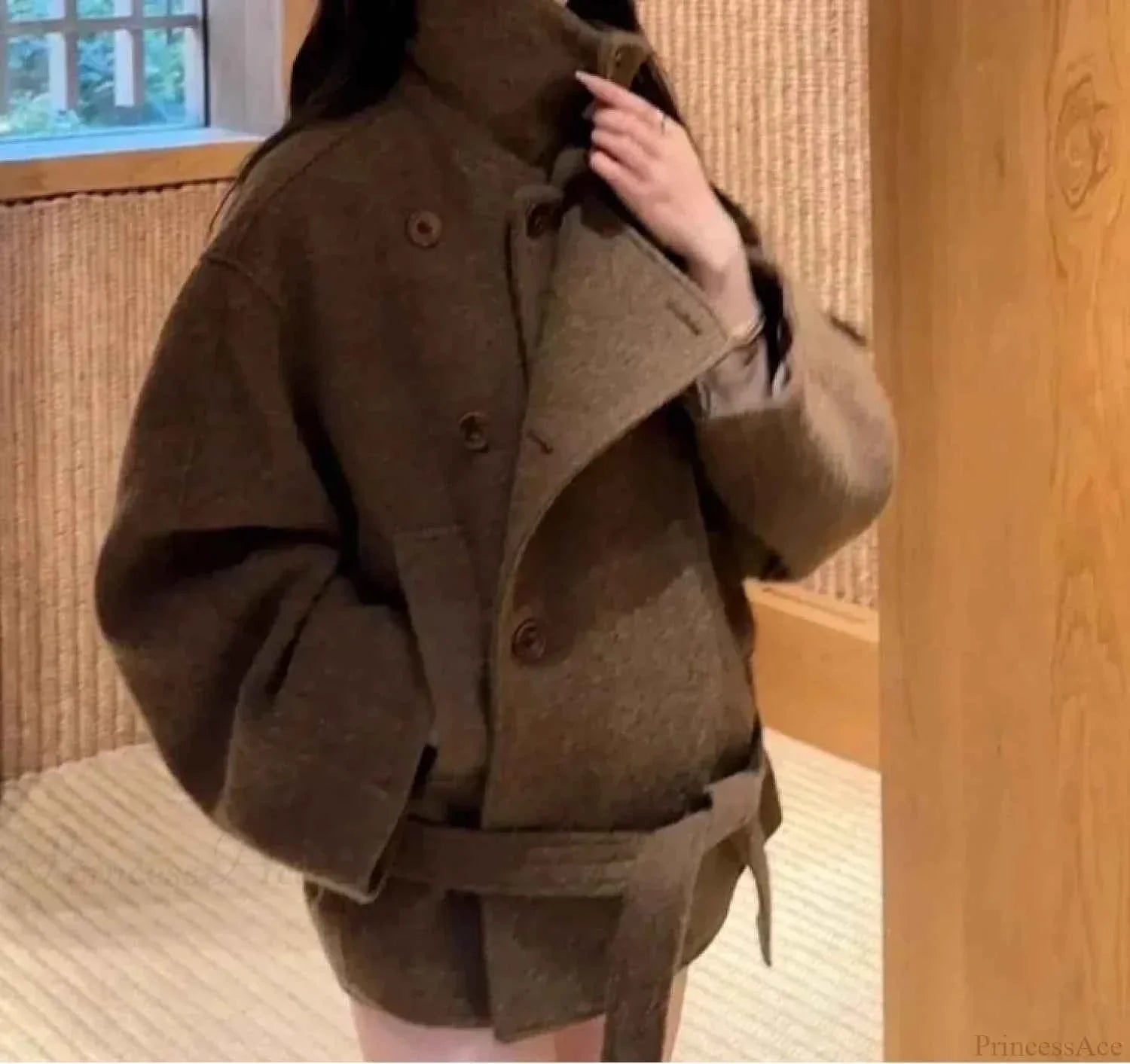 High Collar Coat with Dropped Shoulders and Double Breasted Front