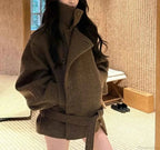 High Collar Coat with Dropped Shoulders and Double Breasted Front
