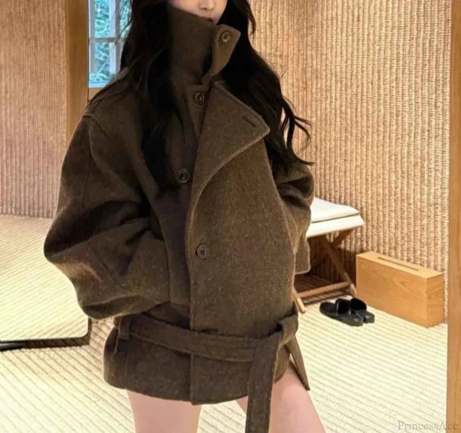 High Collar Coat with Dropped Shoulders and Double Breasted Front