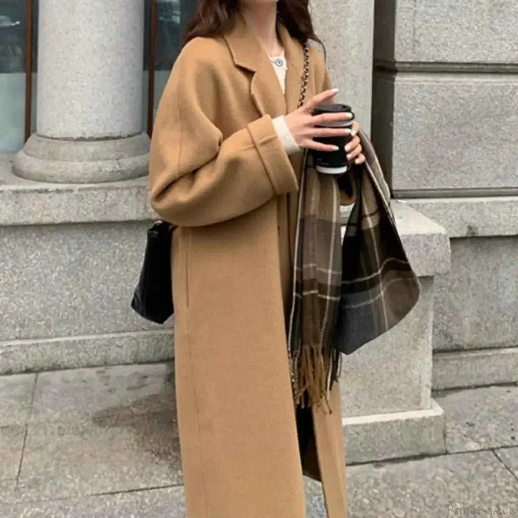 Double Breasted Long Coat with Turn Down Collar in Solid Finish