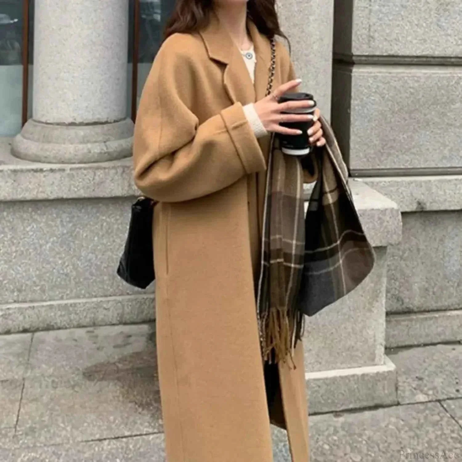 Double Breasted Long Coat with Turn Down Collar in Solid Finish