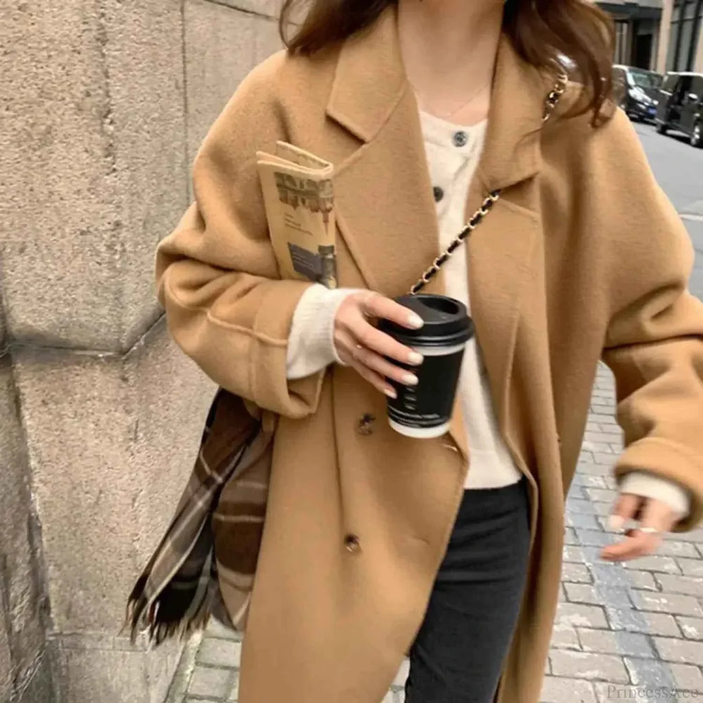 Double Breasted Long Coat with Turn Down Collar in Solid Finish