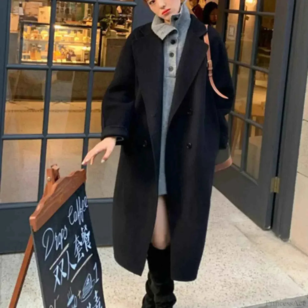 Double Breasted Long Coat with Turn Down Collar in Solid Finish