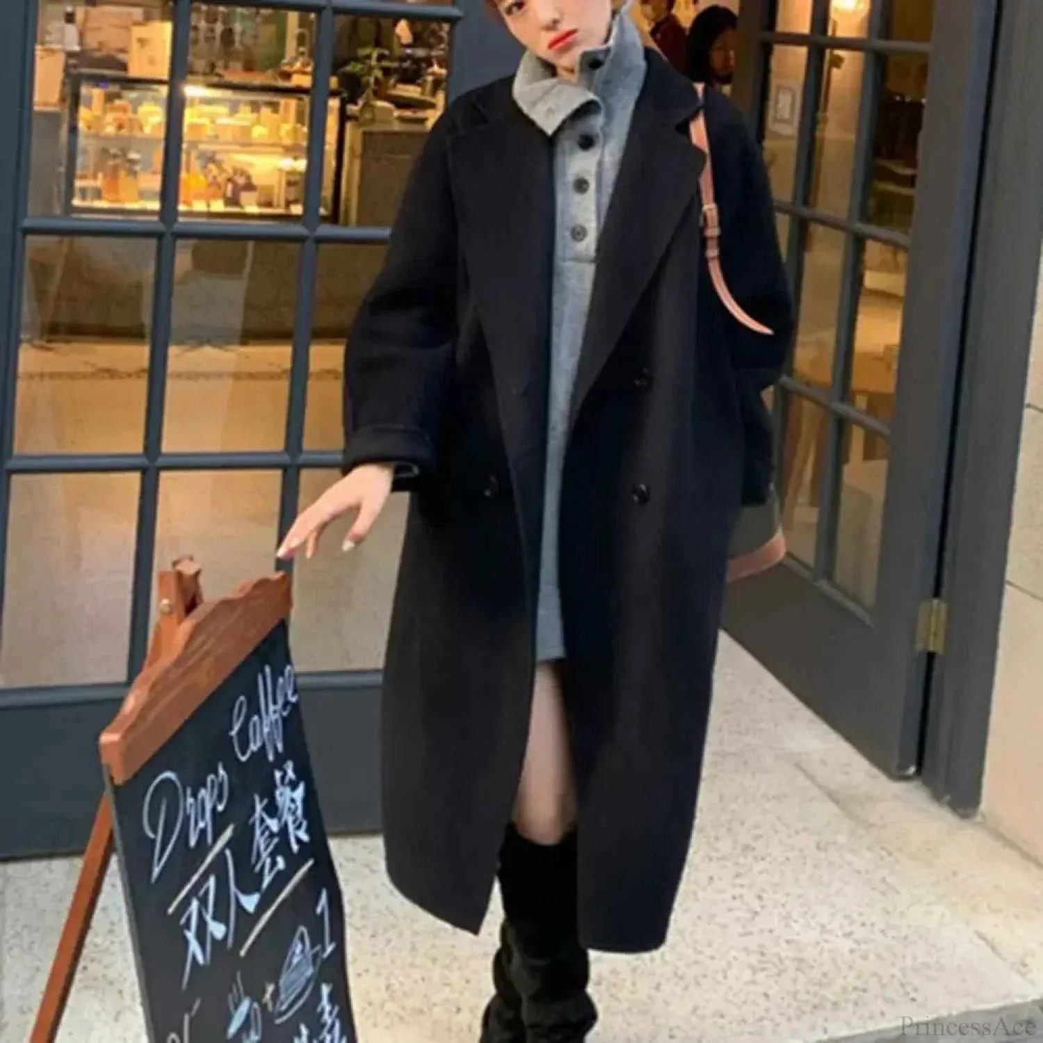 Double Breasted Long Coat with Turn Down Collar in Solid Finish