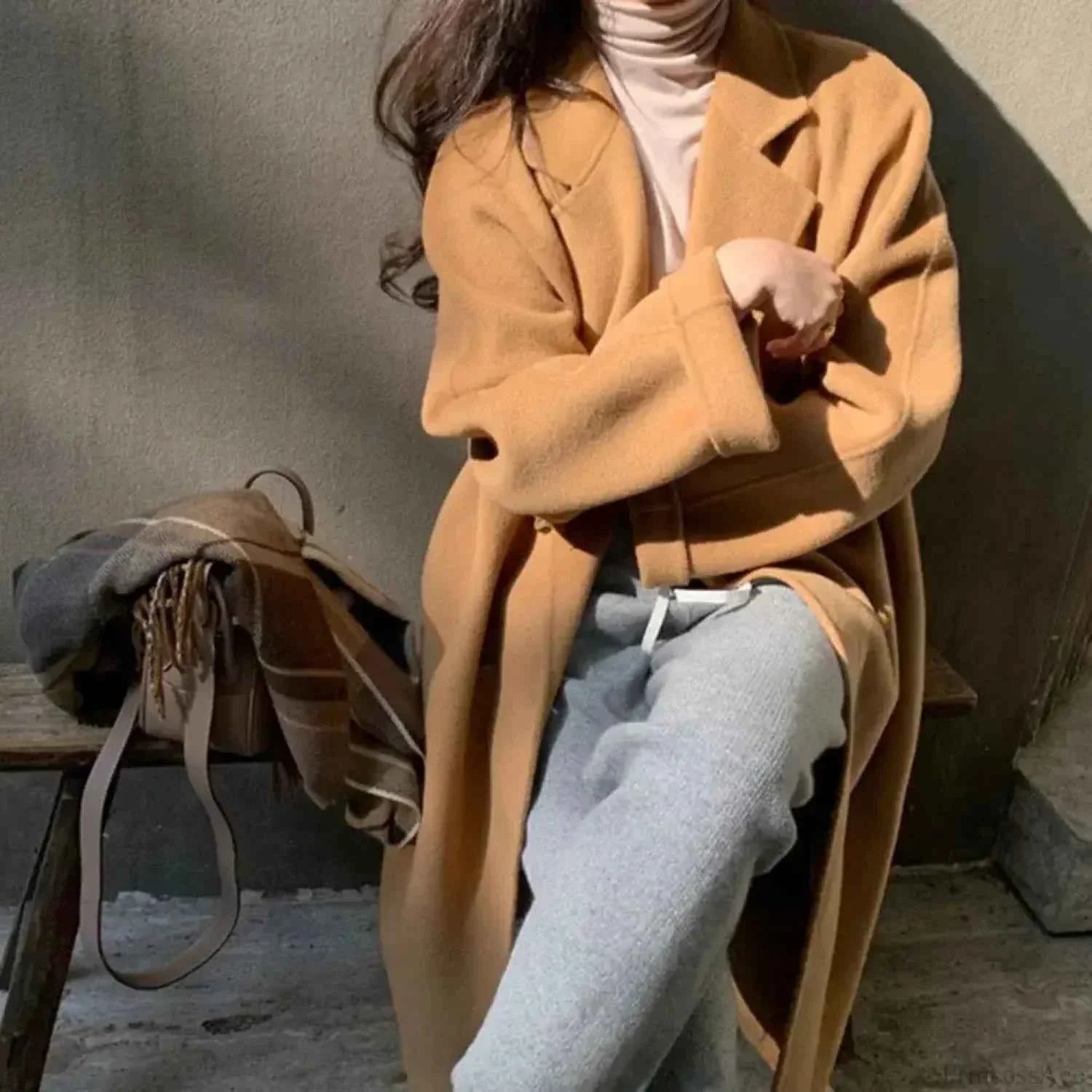 Double Breasted Long Coat with Turn Down Collar in Solid Finish