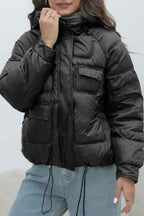 Quilted Hooded Jacket with High Collar and Drawstring Hem