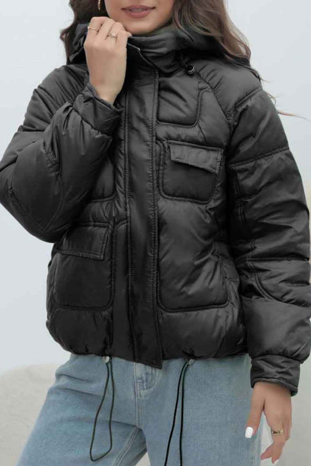 Quilted Hooded Jacket with High Collar and Drawstring Hem