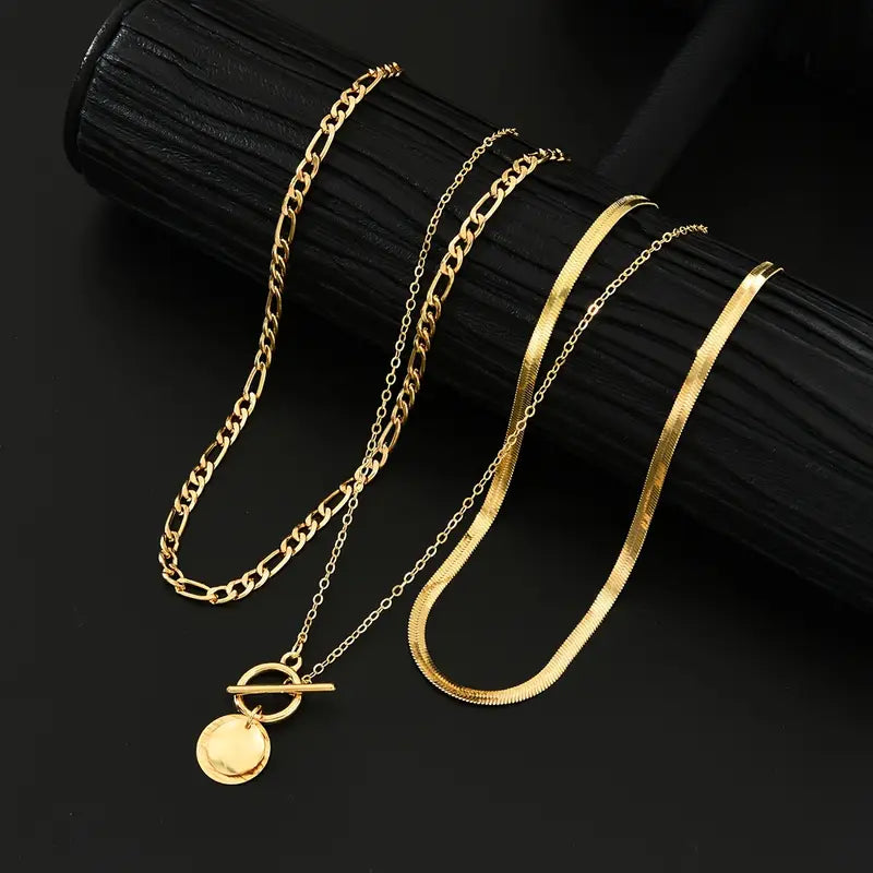 Textured Coin Layered Necklace in Gold Tone