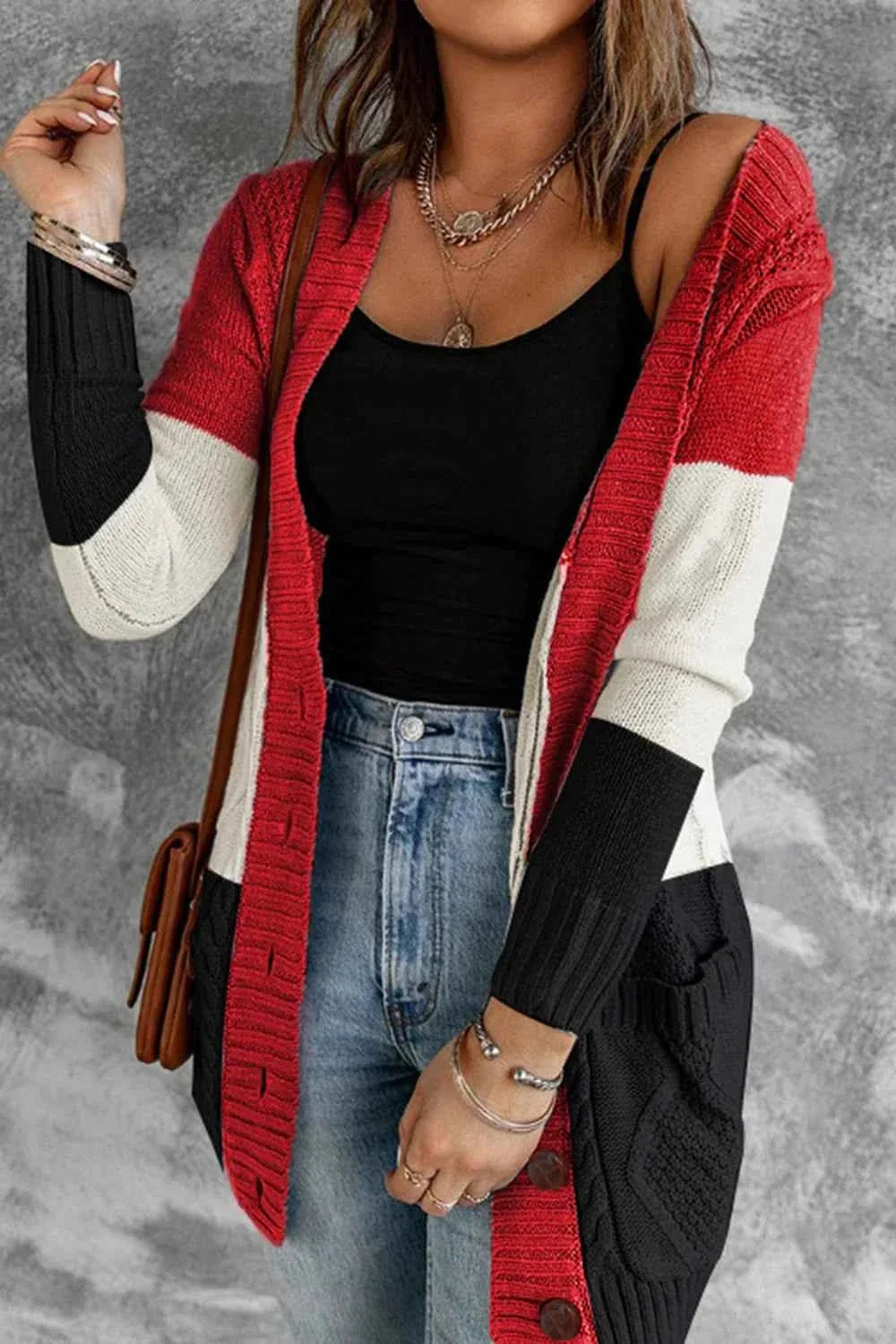 Gebreid vest met colourblock, V-hals en knoopsluiting