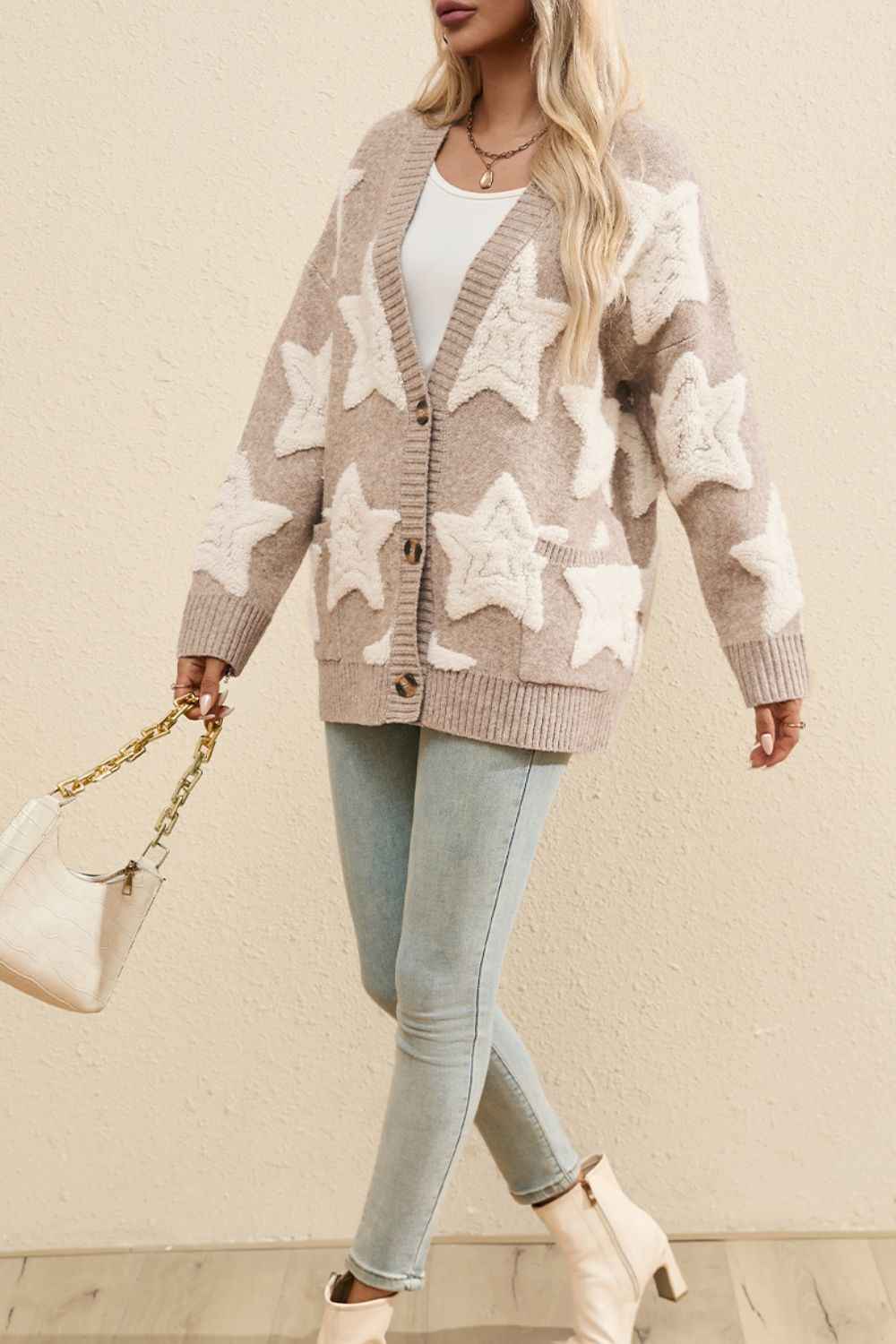 Star Print Sherpa Cardigan with V Neck and Front Pockets