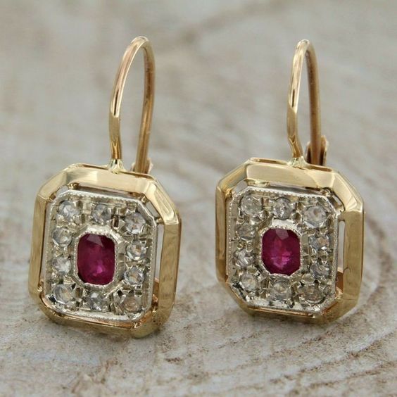 Vintage-Style Gold-Tone Square Red Zirconia Earrings