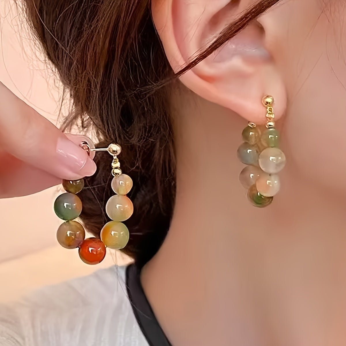Boho Stone Bead Gold-Plated Hoop Earrings
