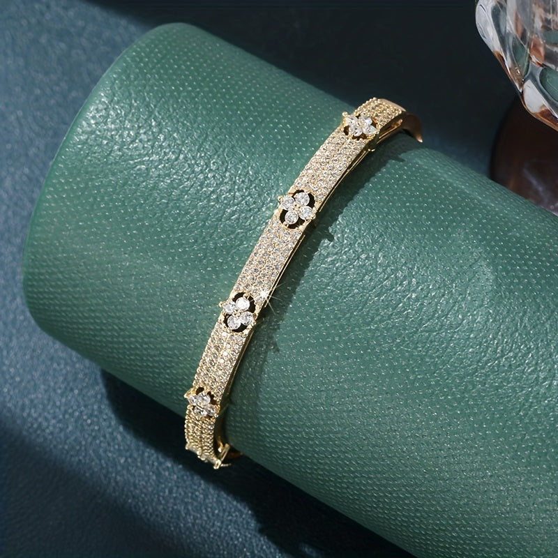Floral Design Zirconia Inlaid Bracelet in Two Tones