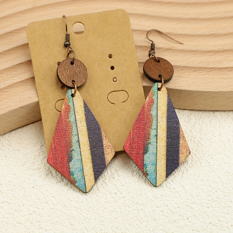 Bohemian Striped Wooden Inlay Drop Earrings