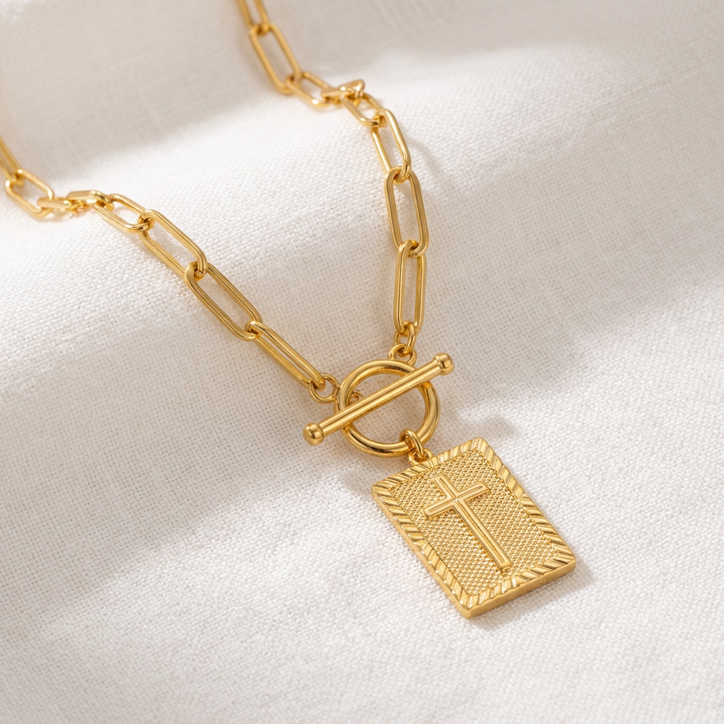 Gold-Tone Paperclip Chain Tag Pendant Necklace