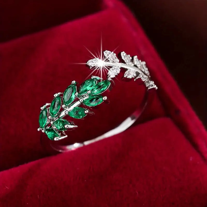 Green Enamel Leaf Vine Ring in Gold Tone