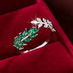 Green Enamel Leaf Vine Ring in Gold Tone