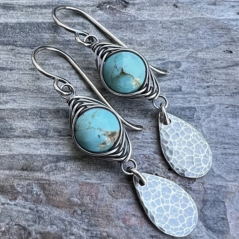 Retro Wire-Wrapped Turquoise Pendant Earrings