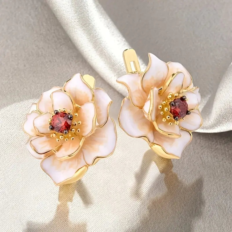Vintage-Style White Enamel Blossom Gold-Tone Earrings