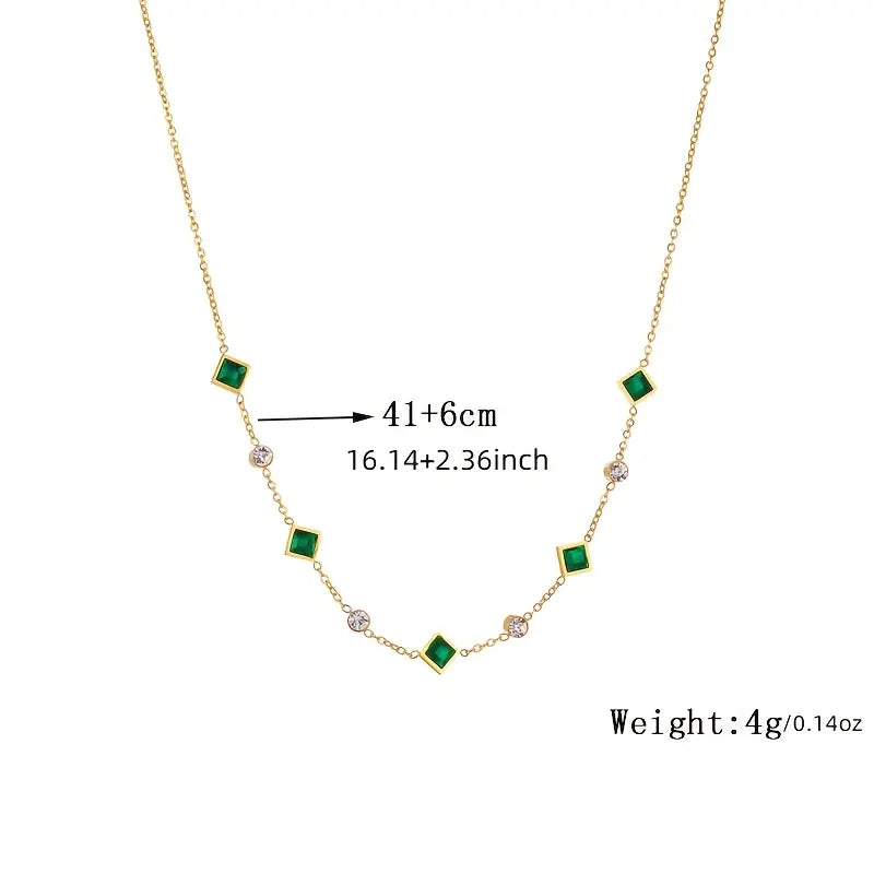 Green Clover Station Necklace in Gold Tone