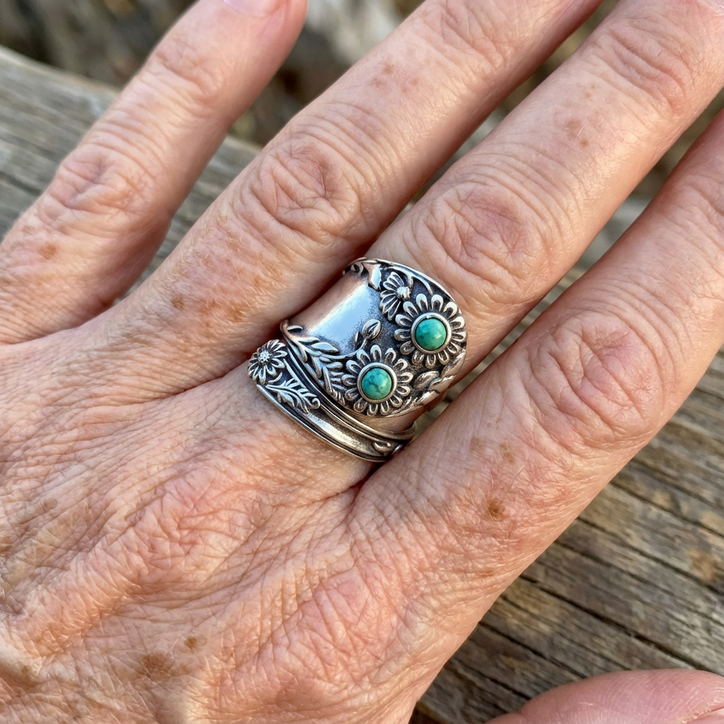 Zilverkleurige brede bandring met bloemen en turkoois in vintagestijl