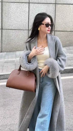 Longline Open-Front Brushed Coat with a Deep V Neckline