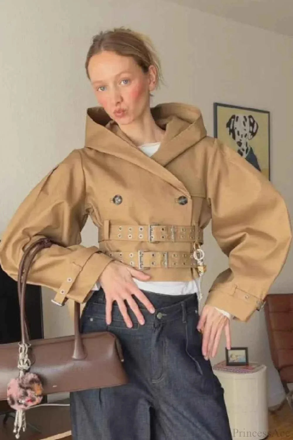 Cropped Hooded Coat with Double Belt and Button Front