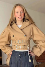 Cropped Hooded Coat with Double Belt and Button Front