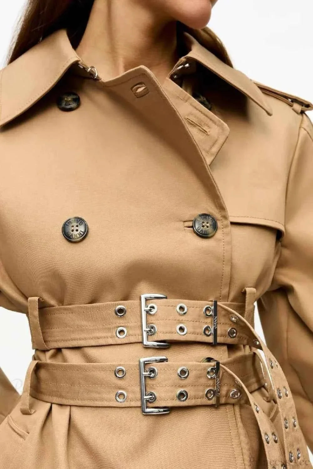 Cropped Hooded Coat with Double Belt and Button Front