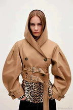 Cropped Hooded Coat with Double Belt and Button Front