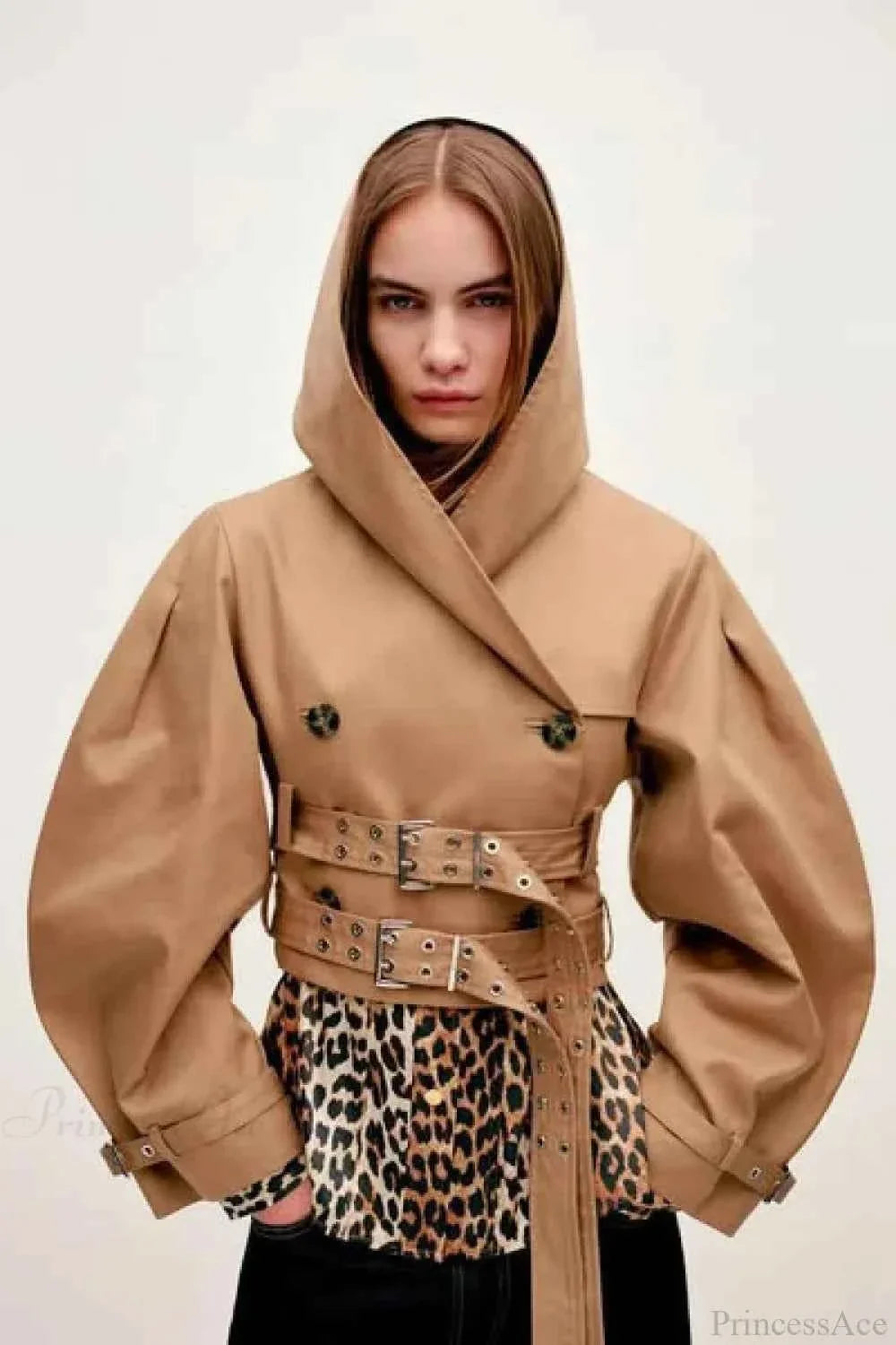 Cropped Hooded Coat with Double Belt and Button Front