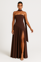 Strapless Asymmetric Waist High-Slit Maxi Dress