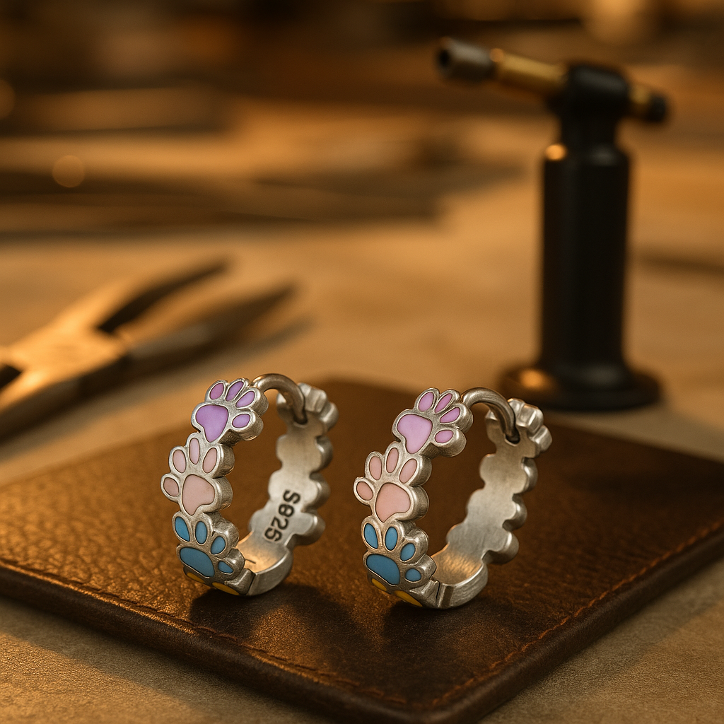 Colourful Paw Hoop Earrings in Sterling Silver