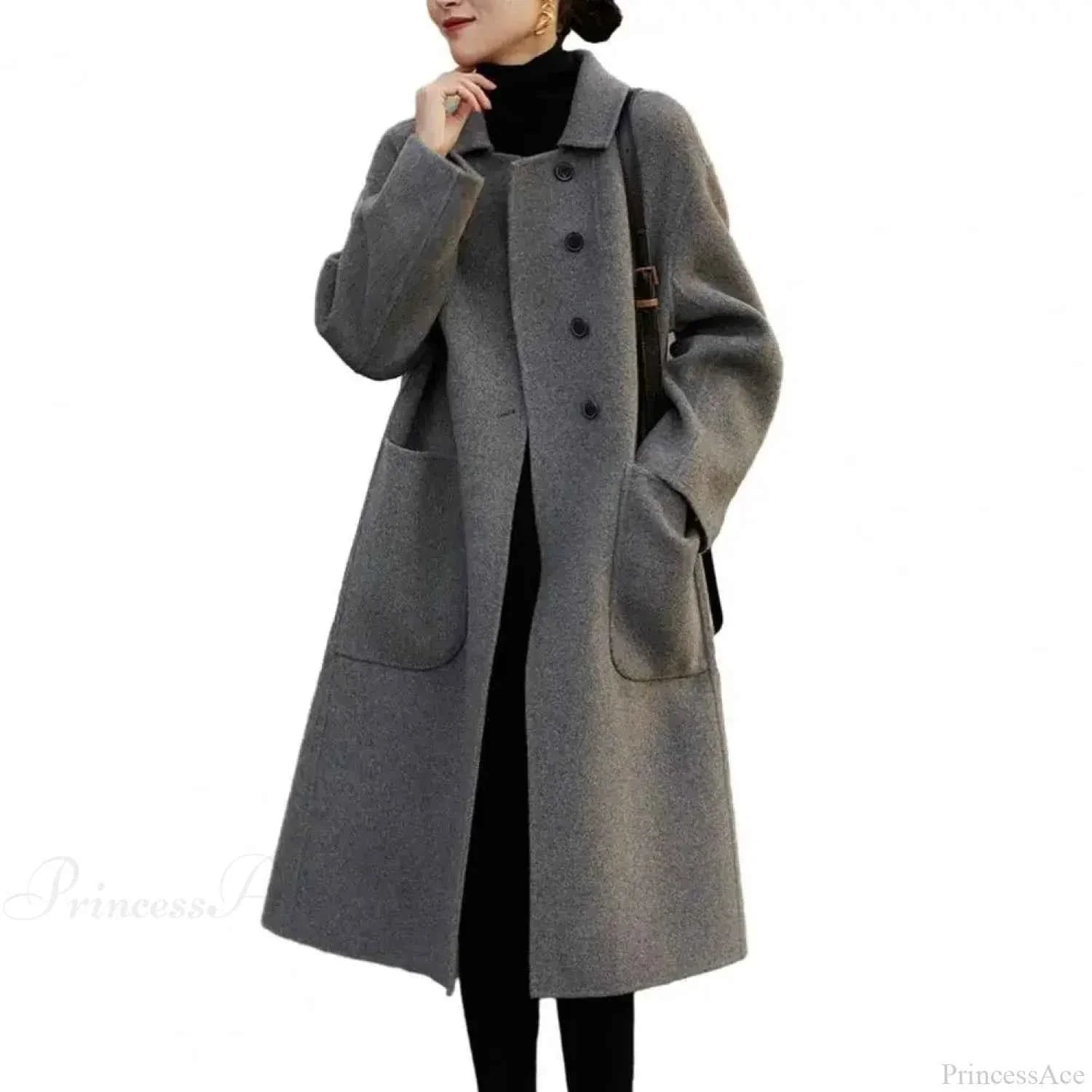Single-Breasted Longline Coat with a Turn-Down Lapel Collar