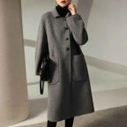 Single-Breasted Longline Coat with a Turn-Down Lapel Collar