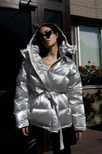 Padded Coat with Puff Sleeves and Metallic Belted Waist