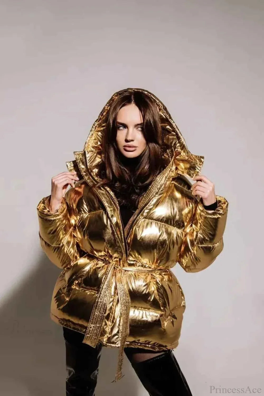 Padded Coat with Puff Sleeves and Metallic Belted Waist