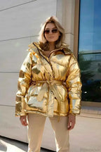 Padded Coat with Puff Sleeves and Metallic Belted Waist