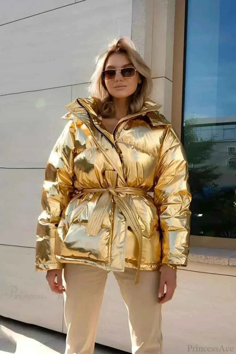 Padded Coat with Puff Sleeves and Metallic Belted Waist